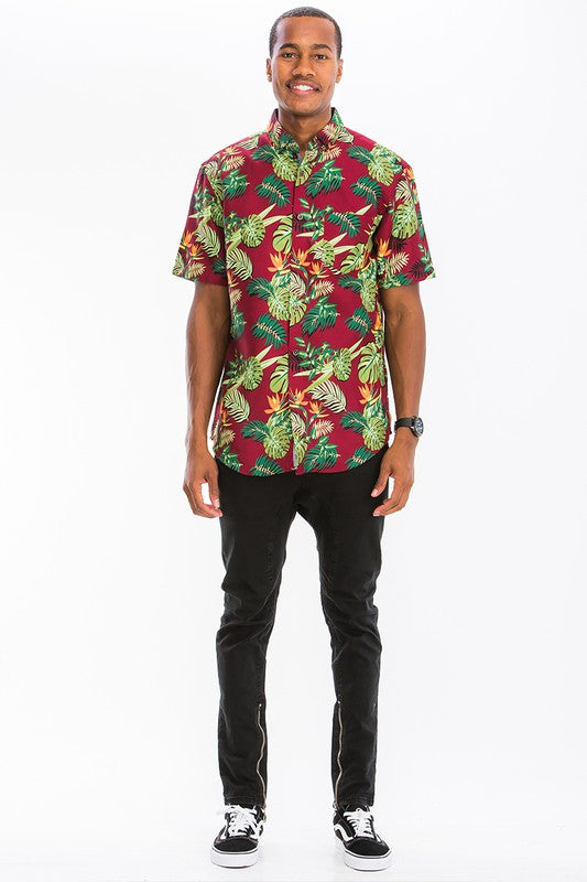 Mens Print Hawaiian Button Down Shirt
