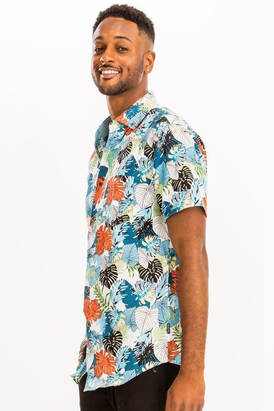 Mens Print Hawaiian Button Down Shirt