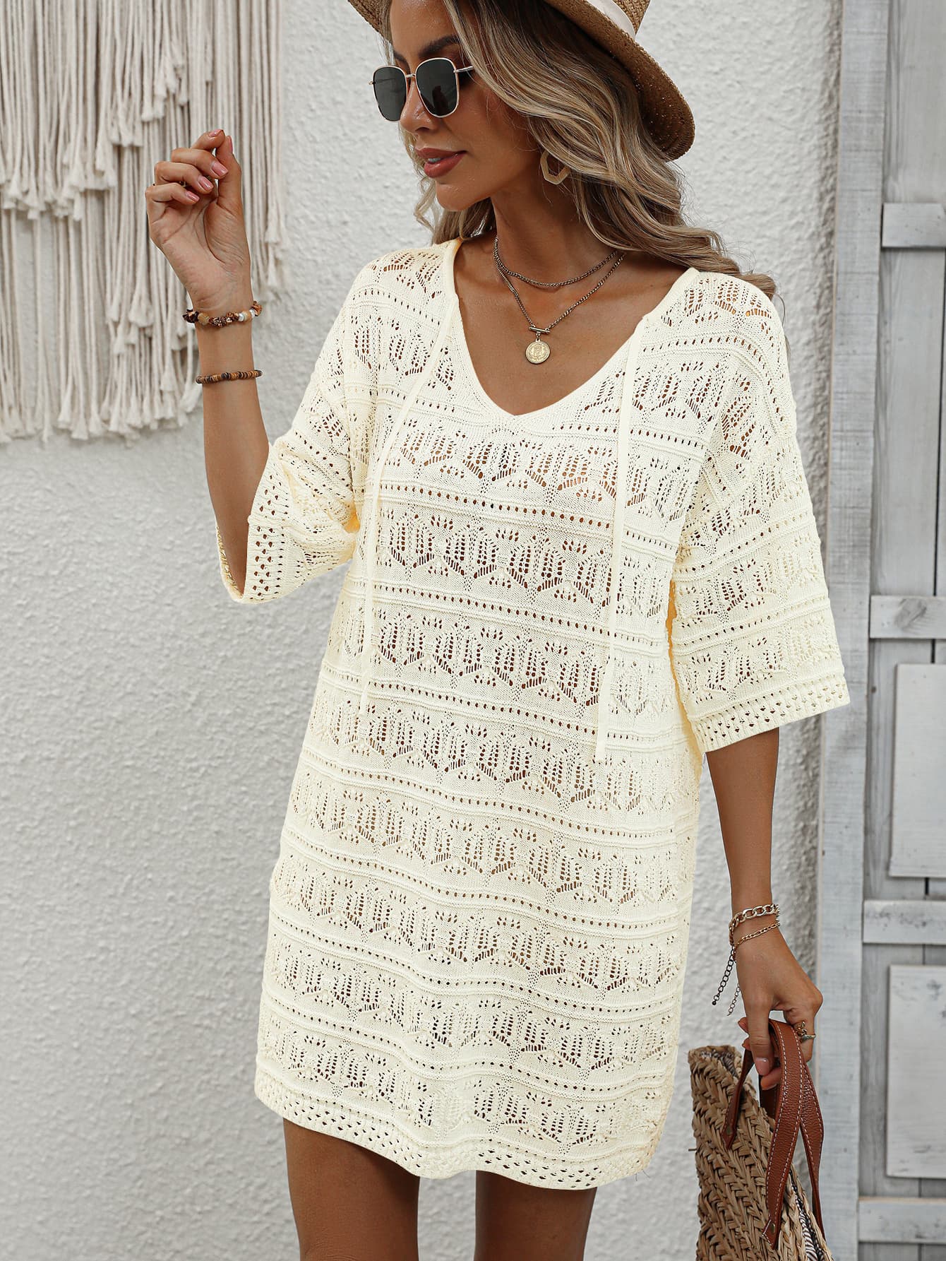 Cream Openwork V-Neck Knit CoverUp
