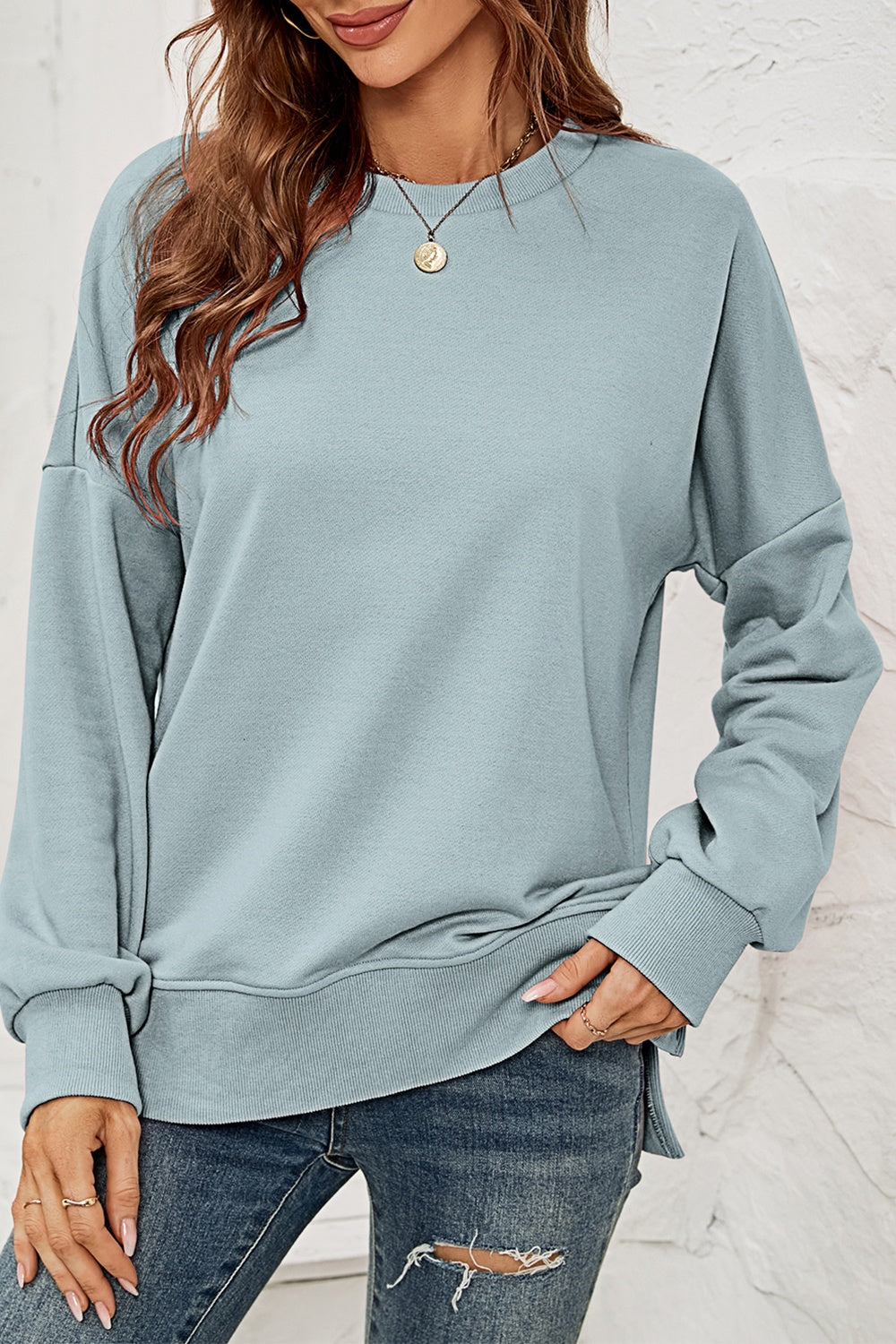 Round Neck Dropped Shoulder Slit Sweatshirt
