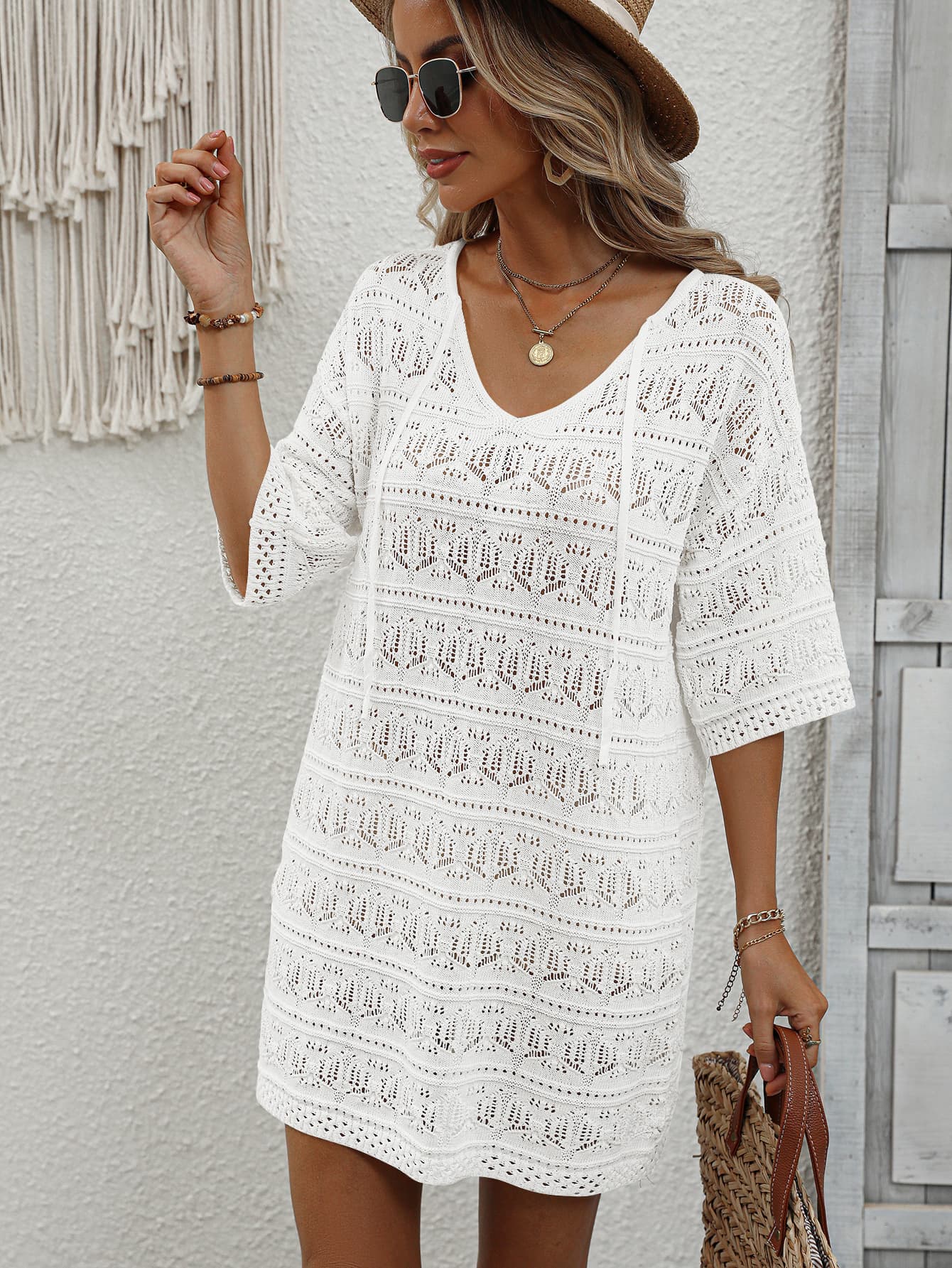 White V-Neck Knit CoverUp