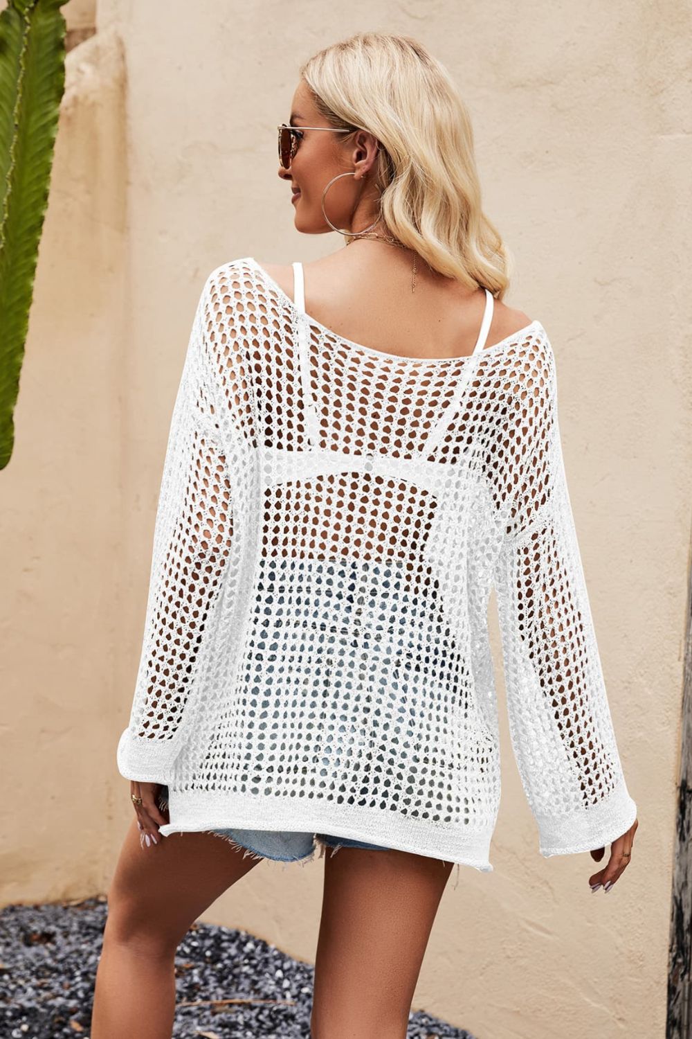 White Openwork Round Neck Long Sleeve Cover Up