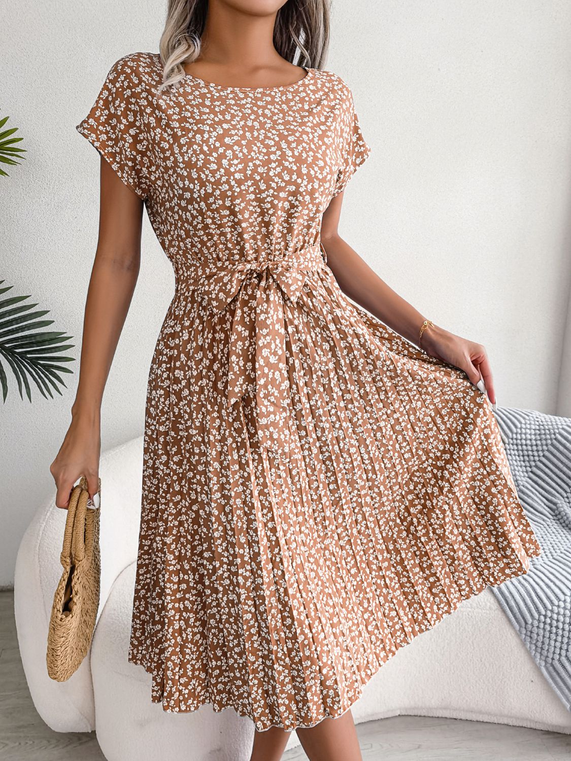 Floral Pleated Belted Dress