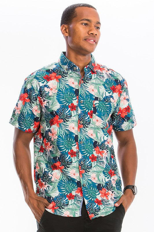 Mens Print Hawaiian Button Down Shirt
