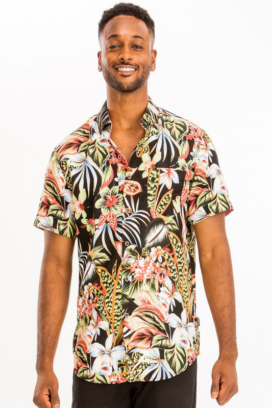Mens Print Hawaiian Button Down Shirt