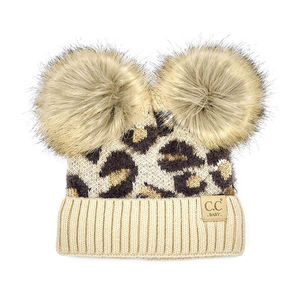 C.C Double Pom Baby Leopard Beanie