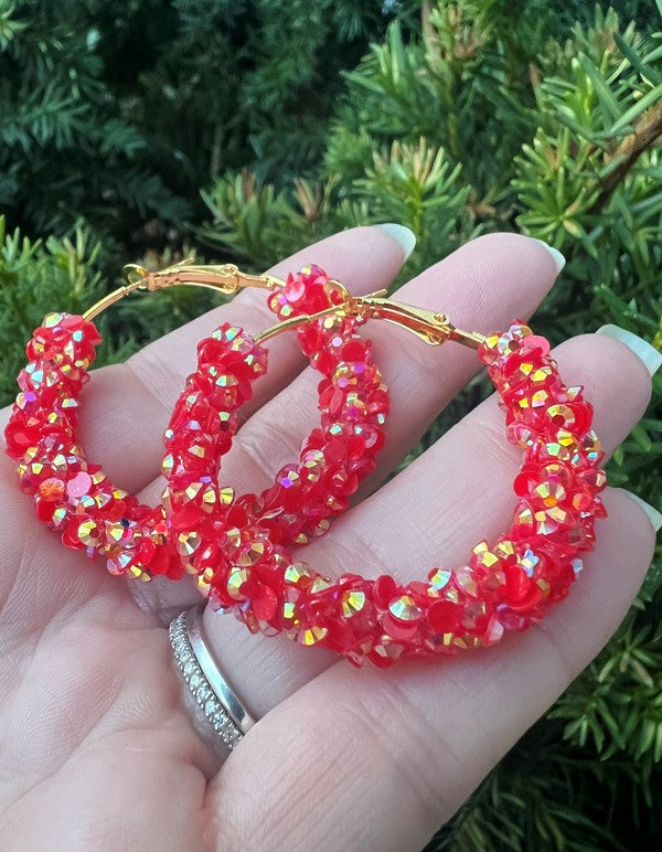 Red Gold Chiefs KC Game Day Glitter Hoop Earrings