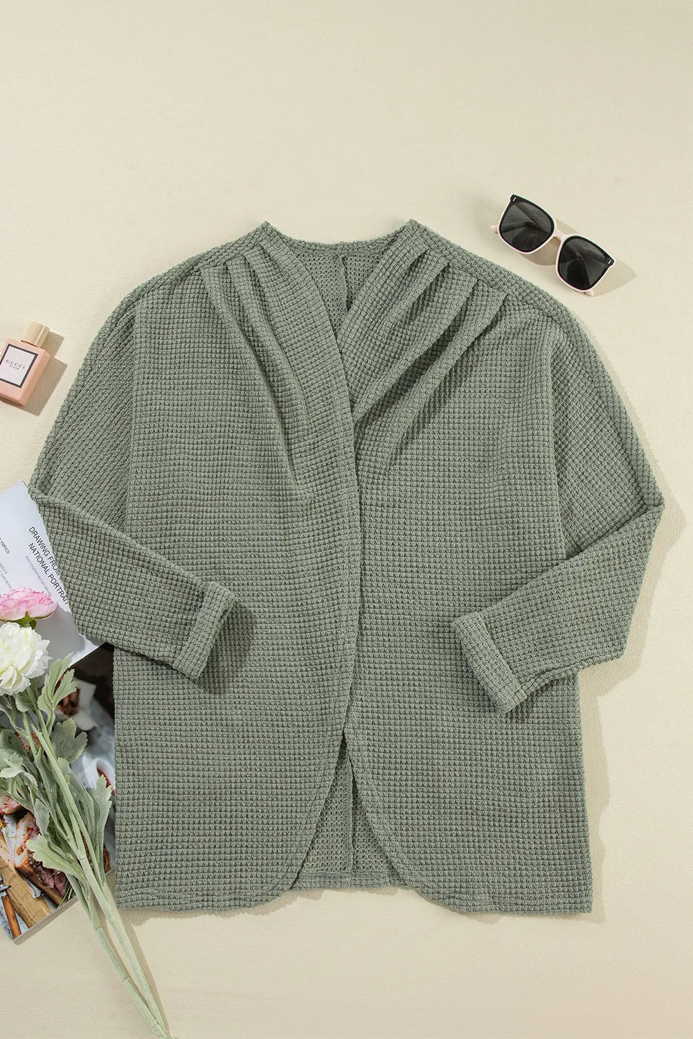 Waffle-Knit Open Front Long Sleeve Cover Up