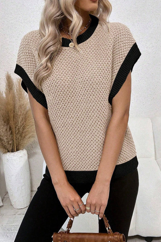 Contrast Round Neck Cap Sleeve Knit Top Monochrome