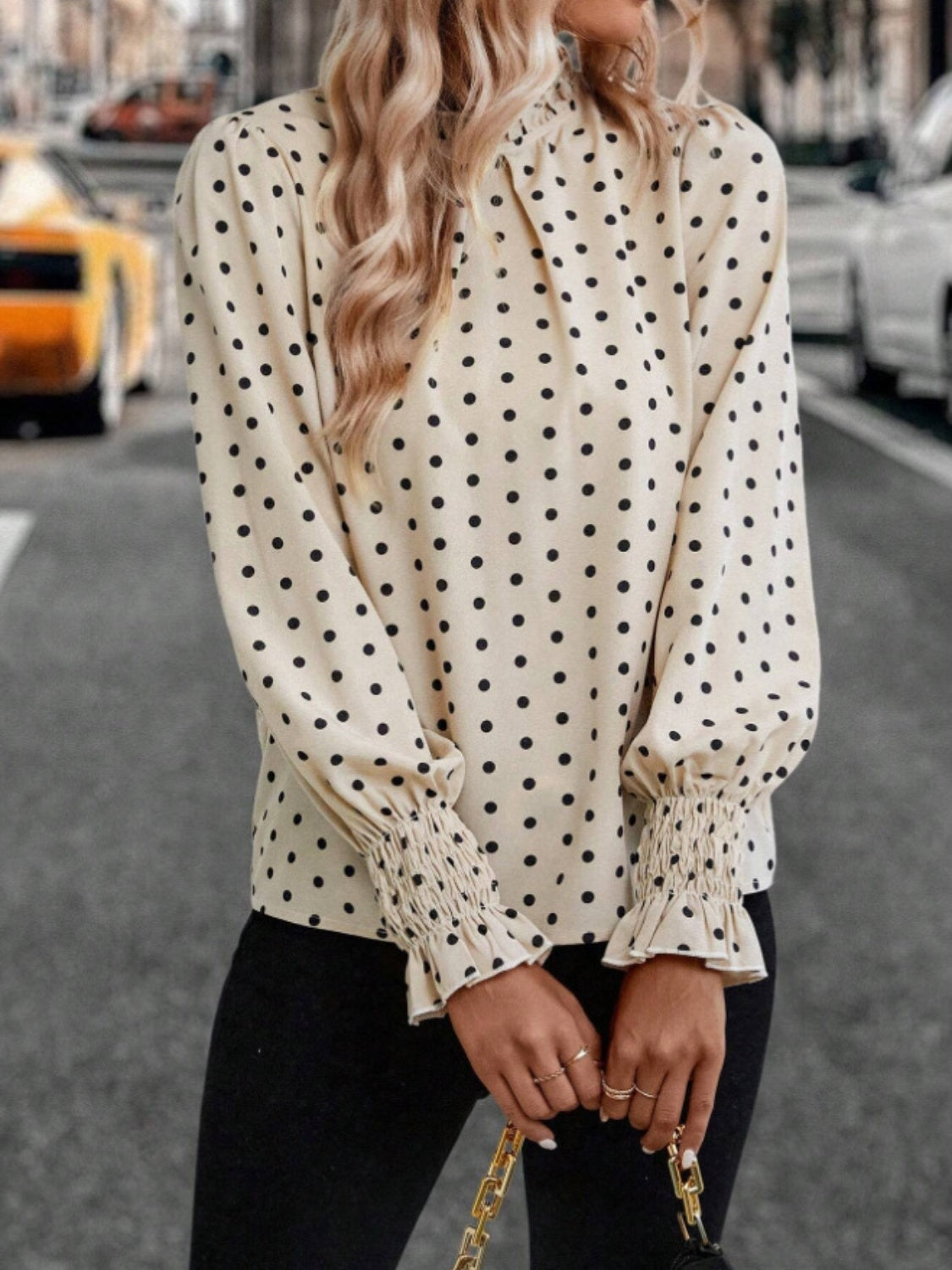 Polka Dot Mock Neck Long Sleeve Blouse