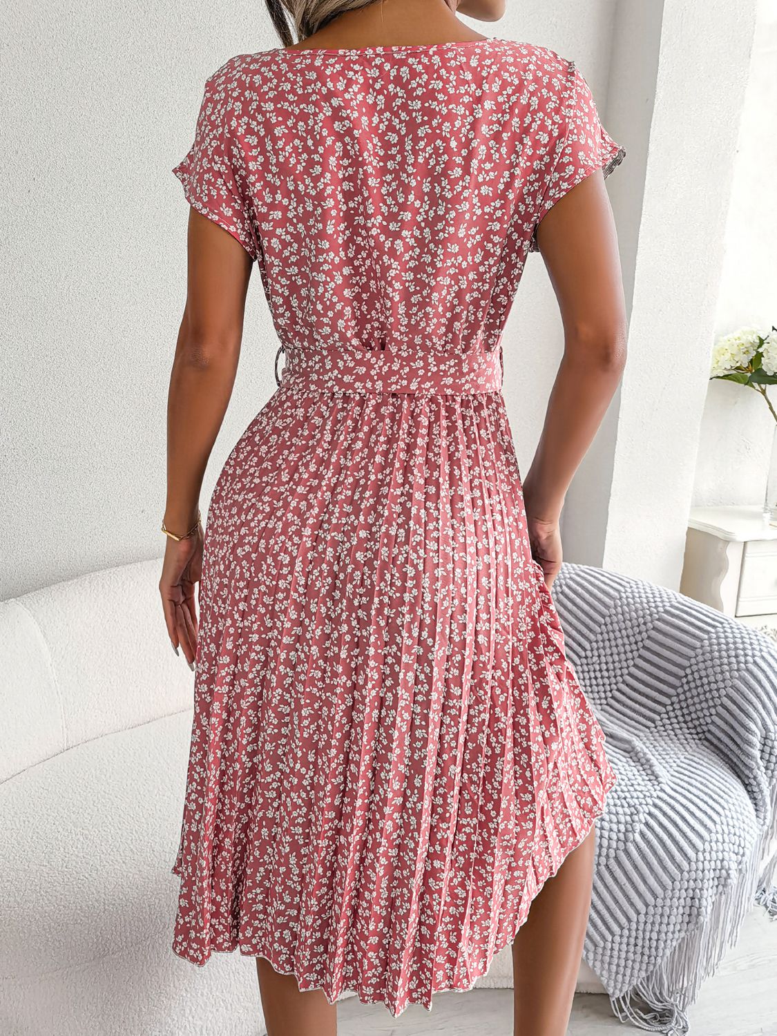 Floral Pleated Belted Dress