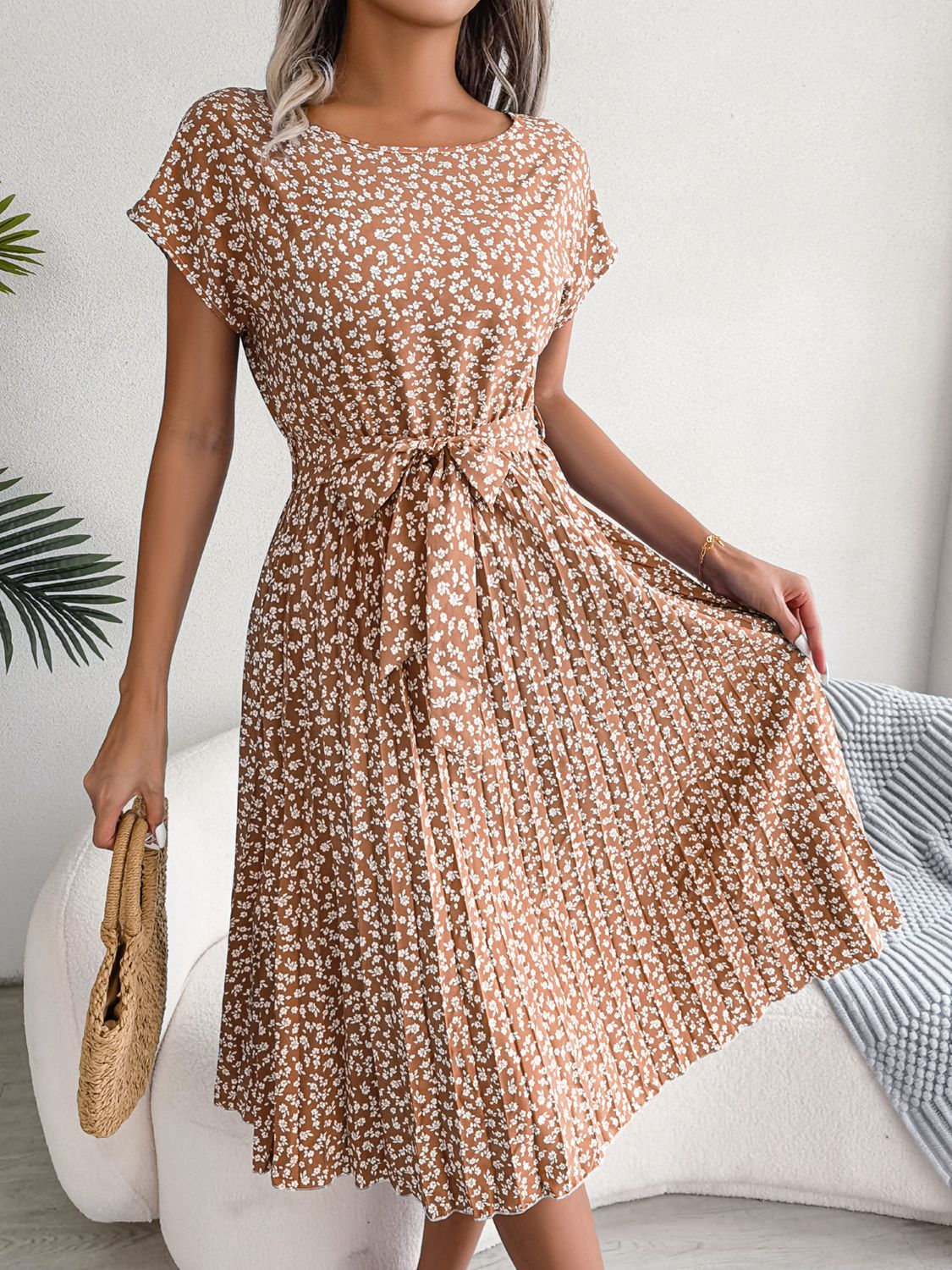 Floral Pleated Belted Dress
