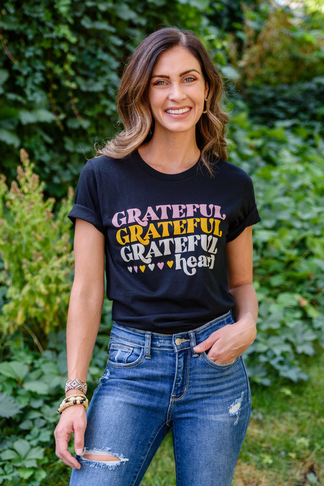 Grateful Heart Graphic T-Shirt In Black w/ Plus Size