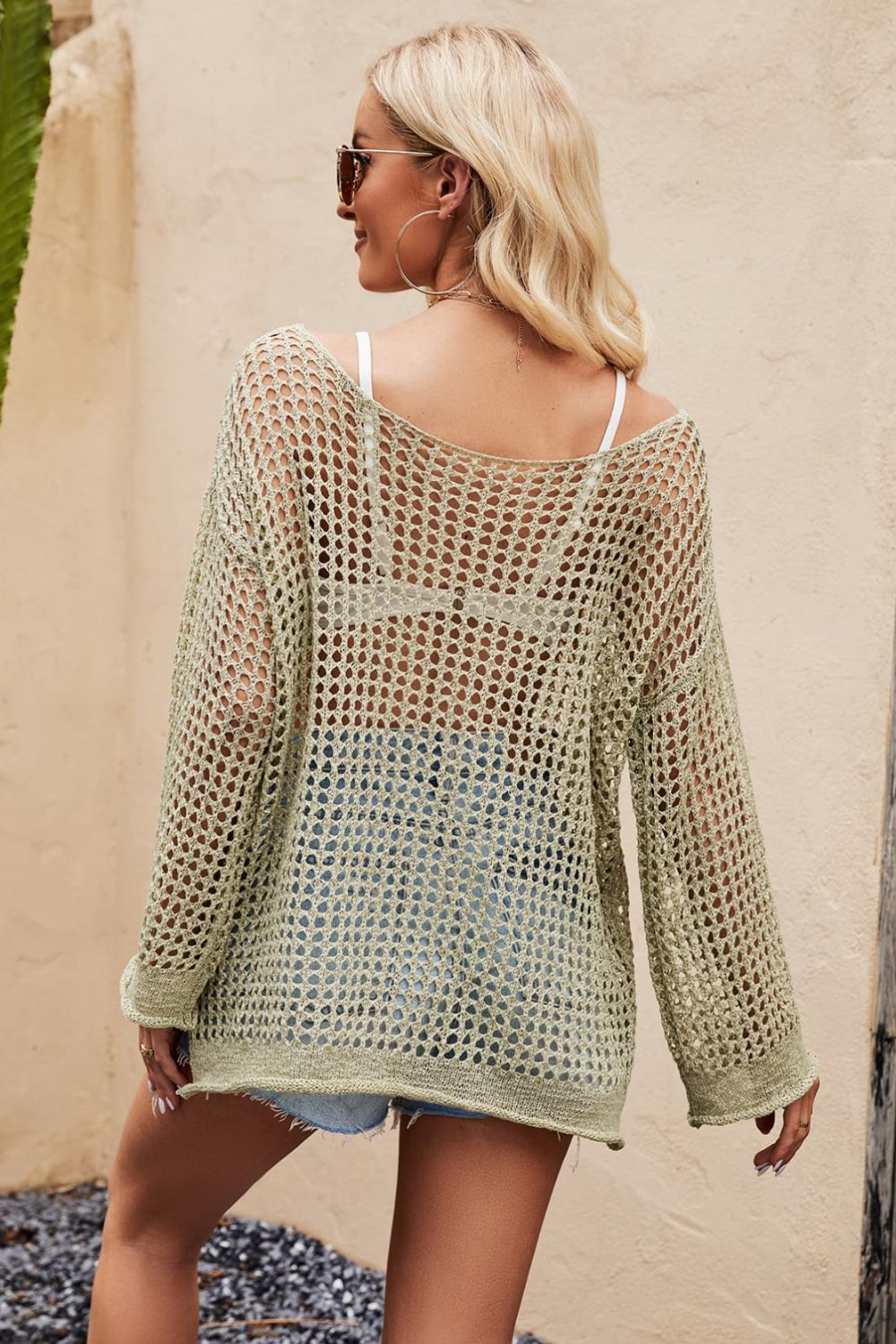Sage Green Openwork Round Neck Long Sleeve Cover Up